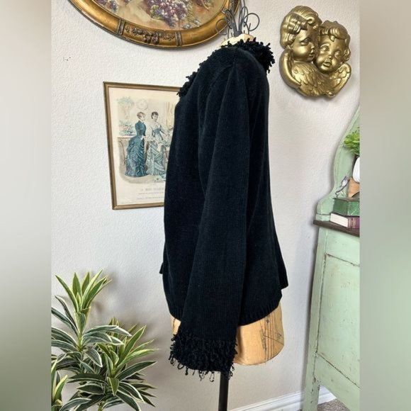 Carolina Colours Plus 90s Black Shag Cuff & Collar Cardigan Sweater sz 18/20 - Picture 9 of 11
